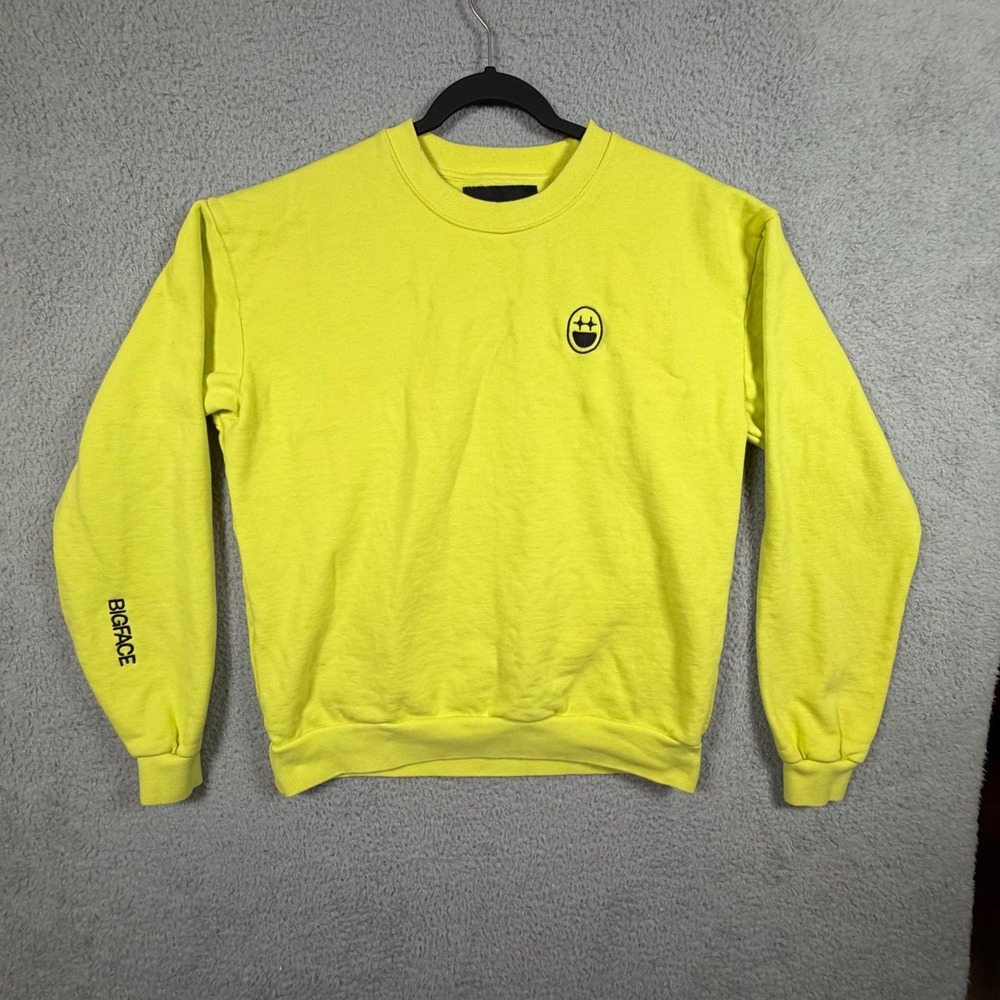 BIGFACE Smiley Face‎ Graphic Crewneck Sweatshirt Neon Yellow Men's Size Small